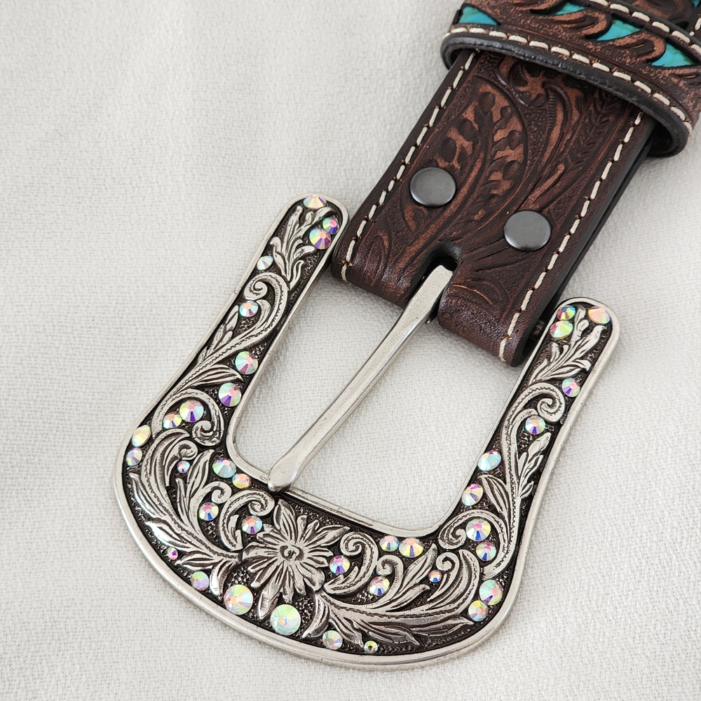Ariat Women's Turquoise Inlay Floral Tooled Belt - Western Elegance! - Picture 2 of 13